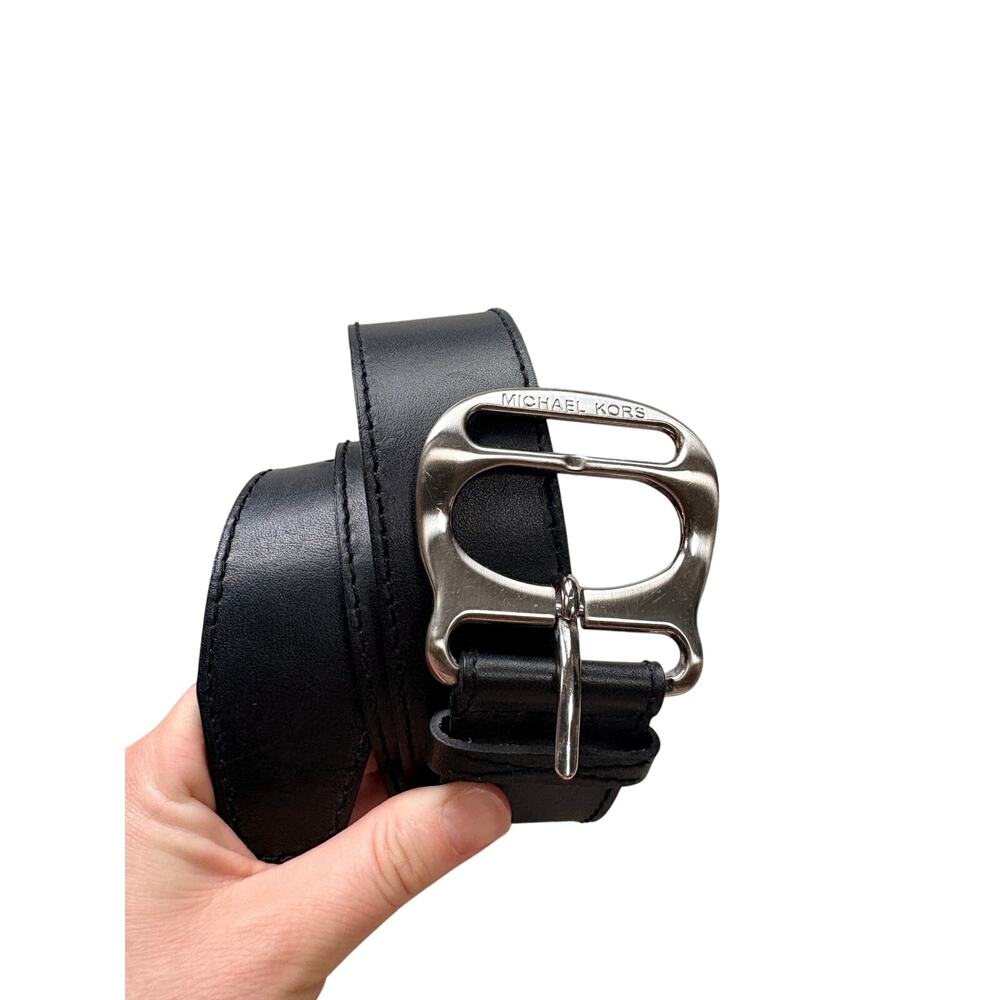Michael Kors Women's Small Black Leather Belt Silver Oval Buckle